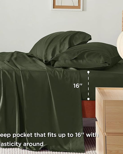 Bedsure Queen Sheets, Rayon Derived from Bamboo, Queen Cooling Sheet Set, Deep Pocket Up to 16", Breathable & Soft Bed Sheets, Hotel Luxury Silky Bedding Sheets & Pillowcases, Olive green - LeafyLoom