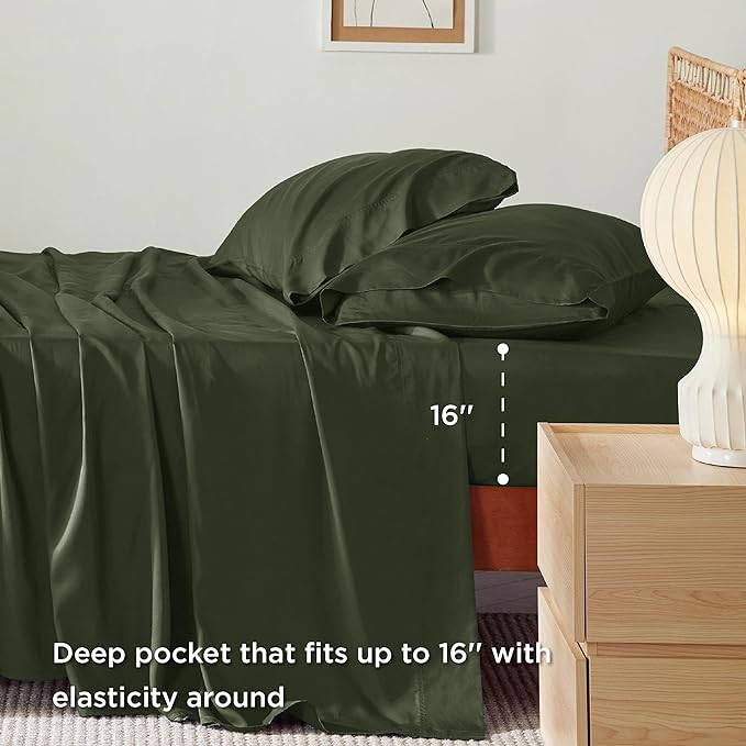 Bedsure Queen Sheets, Rayon Derived from Bamboo, Queen Cooling Sheet Set, Deep Pocket Up to 16", Breathable & Soft Bed Sheets, Hotel Luxury Silky Bedding Sheets & Pillowcases, Olive green - LeafyLoom