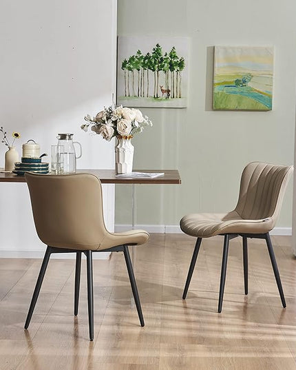 YOUNUOKE Khaki Dining Chairs Set of 2 Upholstered Mid Century Modern Kitchen Chairs Armless Faux Leather Side Chair with Padded Back Metal Legs for Living Room Bedrooms - LeafyLoom