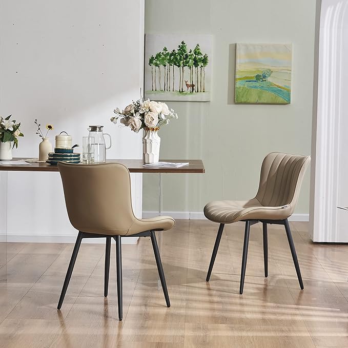 YOUNUOKE Khaki Dining Chairs Set of 2 Upholstered Mid Century Modern Kitchen Chairs Armless Faux Leather Side Chair with Padded Back Metal Legs for Living Room Bedrooms - LeafyLoom