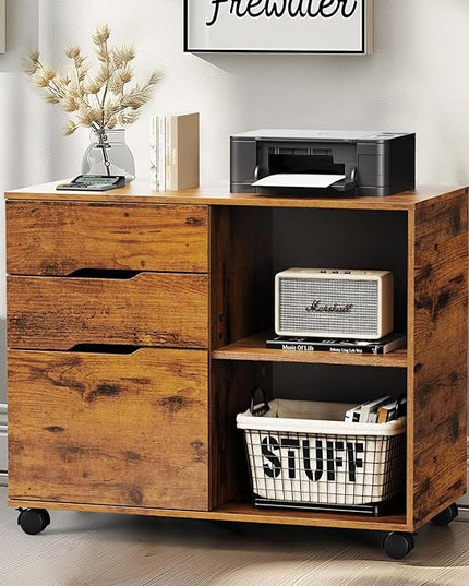 DUMOS Lateral File Cabinet with 3 Drawers Rolling Wooden Printer Stand Under Desk Storage Organizer with 4 Wheels Adjustable Shelf for Office Home, Rustic Brown - LeafyLoom