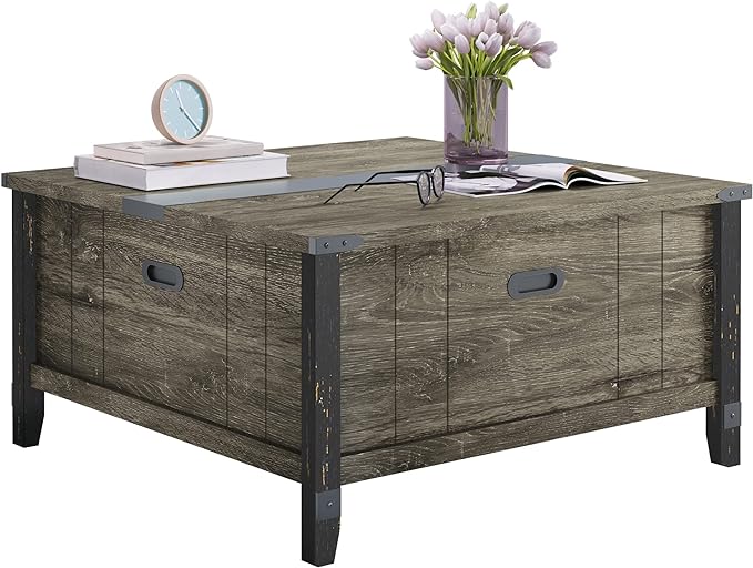 Bestier Farmhouse Coffee Table, Square Wood Center Table with Large Hidden Storage Compartment for Living Room, Rustic Cocktail Table with Hinged Lift Top for Home, Grey - LeafyLoom