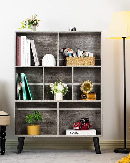 LEYAOYAO Bookshelf Cube Storage Organizer,3 Tier Bookcase with Legs,Modern Wood Open Shelf,Dirty Grey Bookshelves,Free Standing Display Short Book Shelves for Narrow Space,Bedroom,Living Room,Office - LeafyLoom