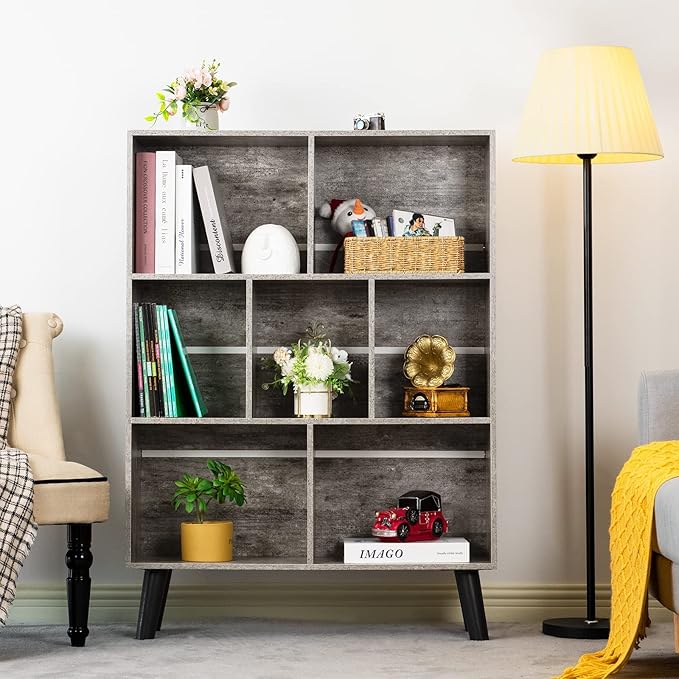 LEYAOYAO Bookshelf Cube Storage Organizer,3 Tier Bookcase with Legs,Modern Wood Open Shelf,Dirty Grey Bookshelves,Free Standing Display Short Book Shelves for Narrow Space,Bedroom,Living Room,Office - LeafyLoom
