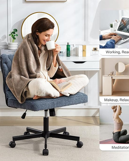 Criss Cross Legged Office Desk Chair with Wheels, Modern Armless Desk Chair with Wide Seat, Home Office Chair for Work, Meditation, Vanity, Blue - LeafyLoom