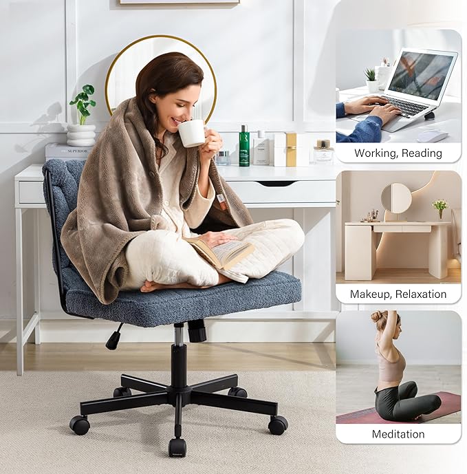 Criss Cross Legged Office Desk Chair with Wheels, Modern Armless Desk Chair with Wide Seat, Home Office Chair for Work, Meditation, Vanity, Blue - LeafyLoom