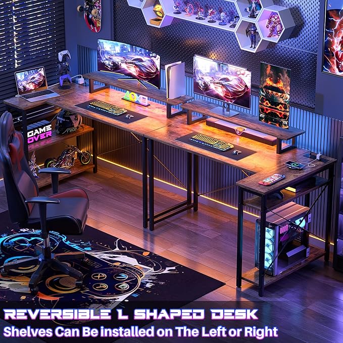 Homieasy L Shaped Gaming Desk with Power Outlet & LED Light, 47 Inch Computer Desk with Storage Shelves, Reversible Corner Desk with Monitor Stand Headset Hooks for Home Office, Rustic Brown - LeafyLoom