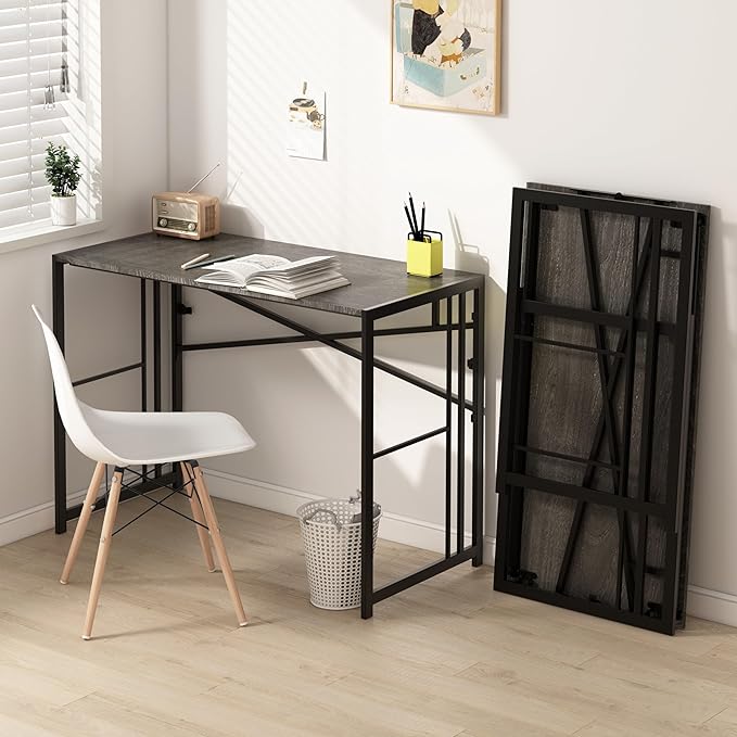 EMODA 40 inch Folding Desk No Assembly Required Home Office Desk Study Writing Gaming Computer Table, Black Oak - LeafyLoom