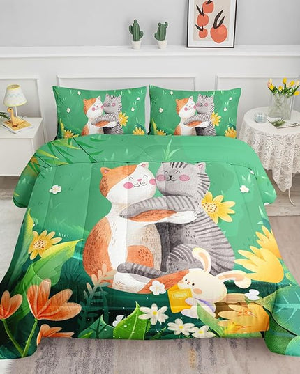 Datura home Cute Cat Kids Comforter Bedding Set for Boys Girls, Watercolor Cat Forest Rabbit and Flower Print Comforter with 2 Pillowcases(Cute Cat Queen) - LeafyLoom