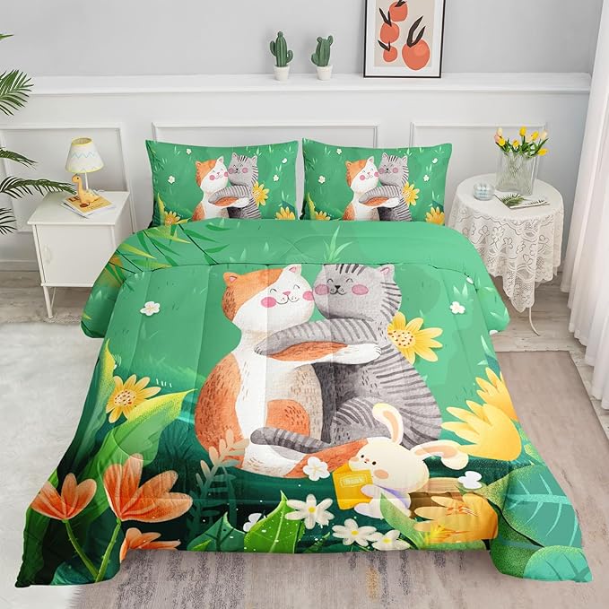Datura home Cute Cat Kids Comforter Bedding Set for Boys Girls, Watercolor Cat Forest Rabbit and Flower Print Comforter with 2 Pillowcases(Cute Cat Queen) - LeafyLoom