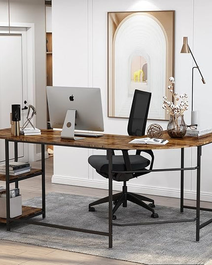 Anivia 68.9" Reversible L Shaped Desk with Storage Shelves - Corner Computer Desks Gaming Table Workstation for Home Office, Writing, Study, Caramel Brown - LeafyLoom