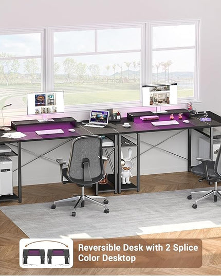 armocity Computer Desk with LED Lights, 55 Inch Desk with Power Outlet and USB, Reversible Large Desk with Moveable Monitor Stand, 55.2'' Gaming PC Table for Home Office, Workstation, Black - LeafyLoom