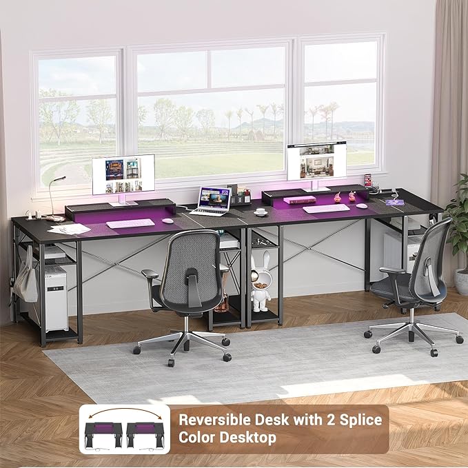 armocity Computer Desk with LED Lights, 55 Inch Desk with Power Outlet and USB, Reversible Large Desk with Moveable Monitor Stand, 55.2'' Gaming PC Table for Home Office, Workstation, Black - LeafyLoom