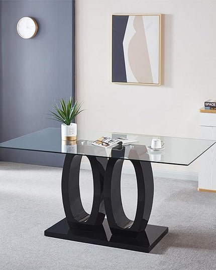 NicBex Modern Minimalist Rectangular Glass Dining Table Contemporary Double Pedestal Dining Table, Tempered Glass Top with MDF Base for Kitchen Dining Living Meeting Room Banquet Hall, Black - LeafyLoom
