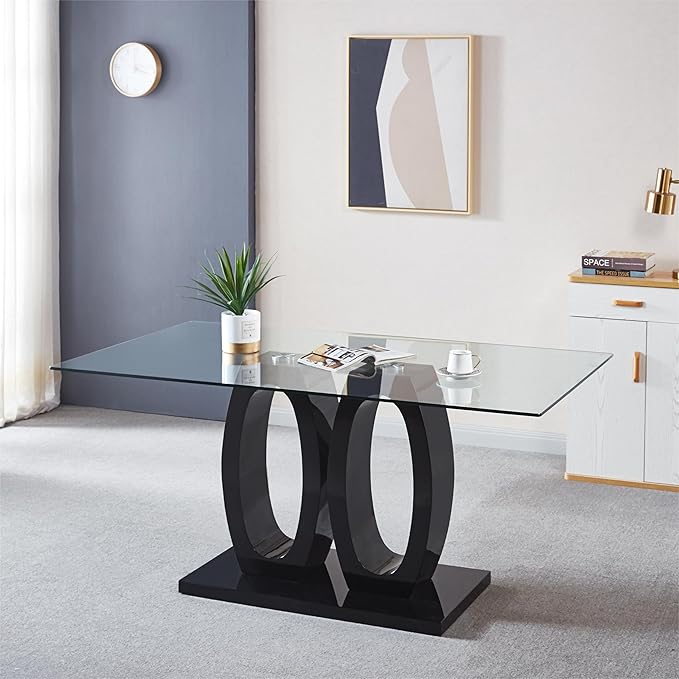 NicBex Modern Minimalist Rectangular Glass Dining Table Contemporary Double Pedestal Dining Table, Tempered Glass Top with MDF Base for Kitchen Dining Living Meeting Room Banquet Hall, Black - LeafyLoom