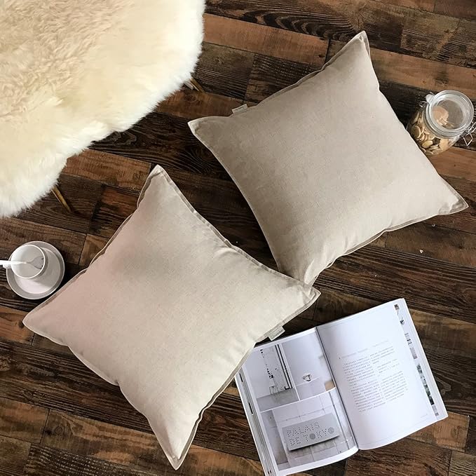 Jeanerlor Set of 2 Decorative Cotton Linen Couch 26"x26" Throw Pillow Case for Sofa Durable Classy, Comfortable Cushion Cover for Party/Wedding(65 x 65cm) Light Linen - LeafyLoom