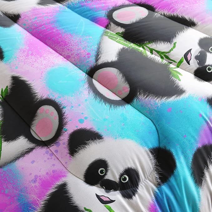 Panda Comforter Full Size,Neon Panda Comforter Set for Kids Teens Girls Boys,3Pcs Bedding Set Printed Comforter with 2 Pillowcases,Down Alternative,Soft and Lightweight，Full Size - LeafyLoom