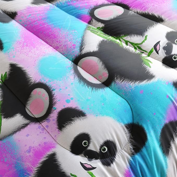 Panda Comforter Twin Size,Neon Panda Comforter Set for Kids Teens Girls Boys,3Pcs Bedding Set Printed Comforter with 2 Pillowcases,Down Alternative,Soft and Lightweight，Twin Size - LeafyLoom