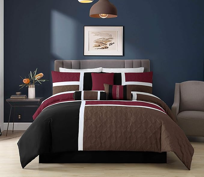 Chezmoi Collection Upland 7-Piece Quilted Patchwork Comforter Set, Burgundy/Black/Brown, King - LeafyLoom