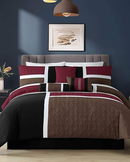 Chezmoi Collection Upland 7-Piece Quilted Patchwork Comforter Set, Burgundy/Black/Brown, Queen - LeafyLoom