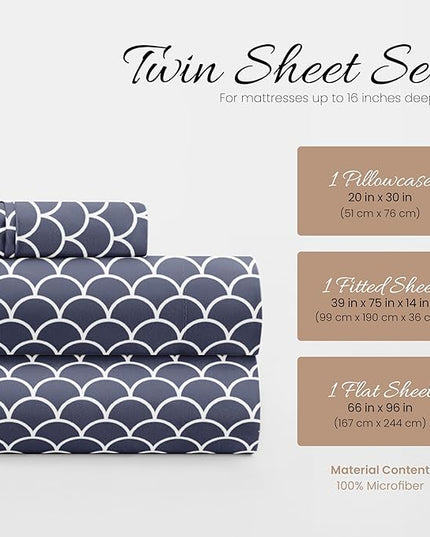 3 Piece Twin Bedding Sheet Set (Navy Scallops) - Sleep Better Than Ever with These Ultra-Soft & Cooling Bed Sheets for Your Twin Size Bed - Deep Pocket Fits 16" Mattress - LeafyLoom