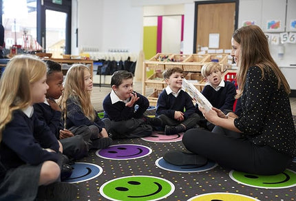 Flagship Carpets Smiley Seating (Seats 30) Classroom Area Rug or Educational Learning Mat, Kids Room or Playroom Carpet, 10'6" x 13'2", Gray/Multi - LeafyLoom