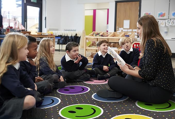 Flagship Carpets Smiley Seating (Seats 30) Classroom Area Rug or Educational Learning Mat, Kids Room or Playroom Carpet, 10'6" x 13'2", Gray/Multi - LeafyLoom
