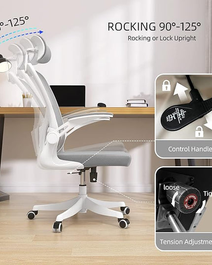 Office Chair, Ergonomic Office Chair, Home Office Desk Chairs with Lumbar Support, 3D Headrest and Flip Up Arms, Rockable Swivel Computer Chair Grey Mesh Chair for Home Office - LeafyLoom