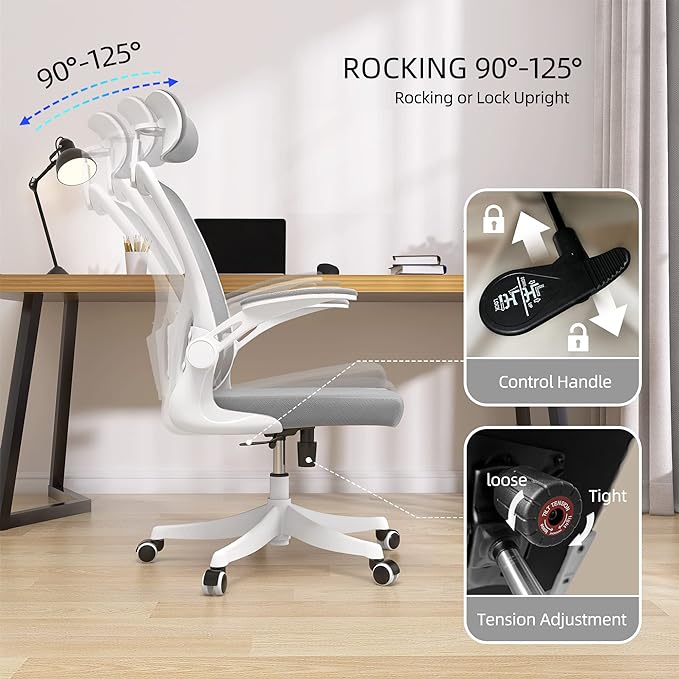 Office Chair, Ergonomic Office Chair, Home Office Desk Chairs with Lumbar Support, 3D Headrest and Flip Up Arms, Rockable Swivel Computer Chair Grey Mesh Chair for Home Office - LeafyLoom