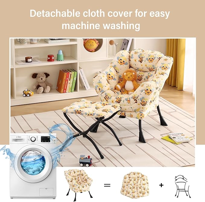Welnow Toddler Kids Lazy Chair with Ottoman, Glow in The Dark Accent Comfy Lounge Children Armchair Couch with Removable Cover, Detachable Reading Chair with Footrest for Boy or Girl, Bees - LeafyLoom