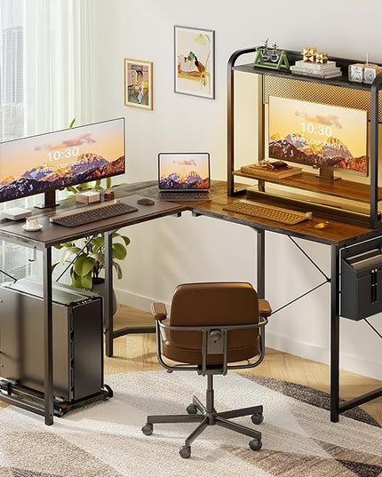 Small L Shaped Gaming Desk with Power Outlets, Corner Gaming Desk with LED Light, Reversible L-Shaped Desk with Monitor Stand & Hutch, L Shaped Desk Home Office Desk with Storage Bag, Grey - LeafyLoom