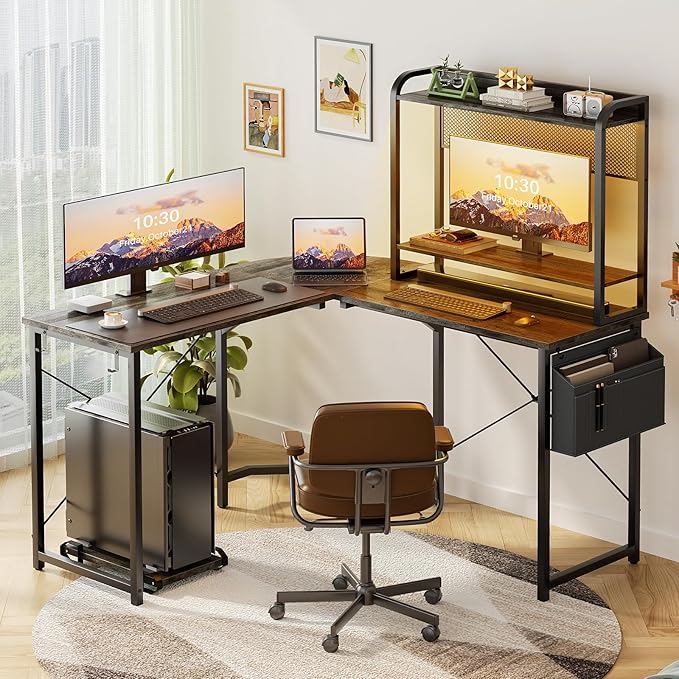 Small L Shaped Gaming Desk with Power Outlets, Corner Gaming Desk with LED Light, Reversible L-Shaped Desk with Monitor Stand & Hutch, L Shaped Desk Home Office Desk with Storage Bag, Grey - LeafyLoom