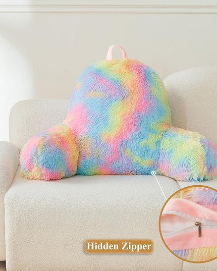 XeGe Fluffy Back Support Pillow Cover for Bed (No Filler), Tie Dye Faux Fur Backrest Pillow Case, Furry Reading Pillow Cover with Arms Adults Kids Girls, Fuzzy Sit Up Study Pillow for Floor, Rainbow - LeafyLoom
