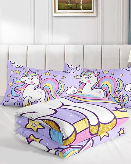 Axolotl Rainbow Unicorn Bedding Set Twin,Purple Unicorn Kids Comforter Sets with Stars Cloud for Girls,1 Quilt with 2 Pillowcases for Girls Kids Teens Children Adults Bedroom Decor All Season - LeafyLoom