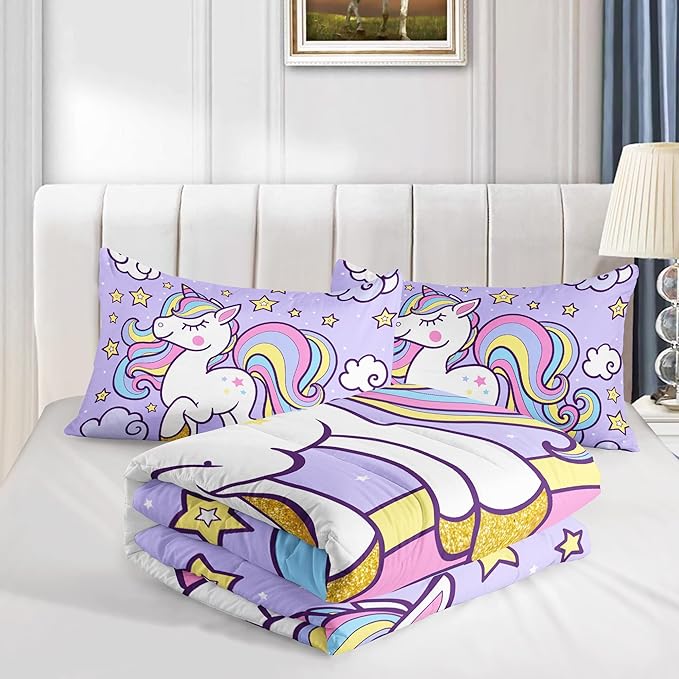 Axolotl Rainbow Unicorn Bedding Set Full,Purple Unicorn Kids Comforter Sets with Stars Cloud for Girls,1 Quilt with 2 Pillowcases for Girls Kids Teens Children Adults Bedroom Decor All Season - LeafyLoom