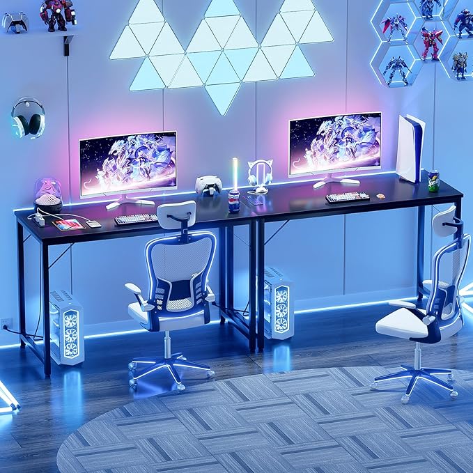 55 Inch Computer Desk with Magic Power Outlets, Modern Office Desk with USB Charging Ports, Sturdy Student Writing Desk, Simple Laptop PC Gaming Table for Bedroom Workstation, Black - LeafyLoom