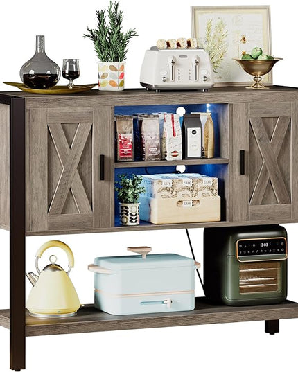 IRONCK Sideboard Buffet Cabinet with LED Light & Charging Station, Coffee Station Table, Bar Storage for Kitchen, Dining Room, Living Room, Grey - LeafyLoom