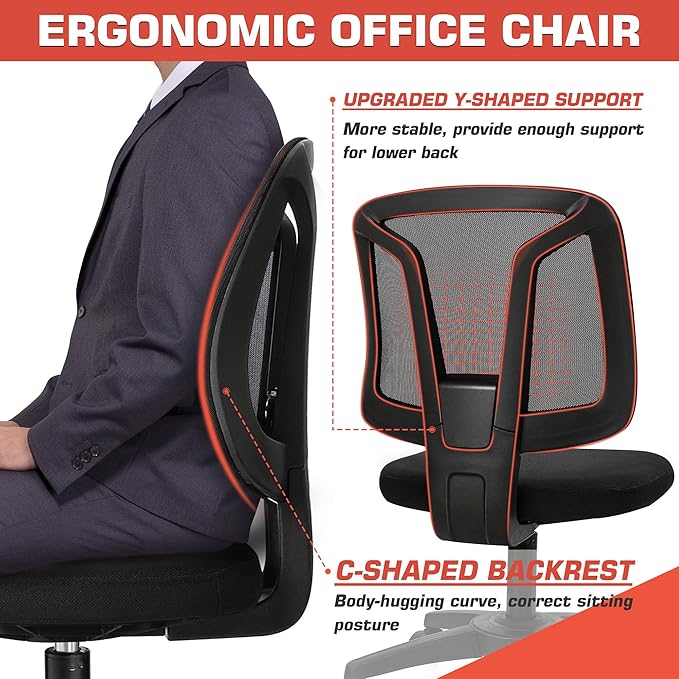 Armless Mesh Office Chair Ergonomic Swivel Black Small Computer Desk Chair No Arms with Lumbar Support Height Adjustable Task Chair for Adults and Kids - LeafyLoom