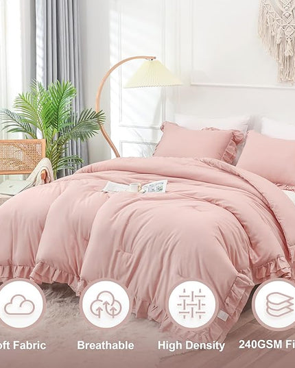 Blush Pink Double Ruffle Comforter Set Full Size (79x90 Inch), 3 Pcs Farmhouse Vintage Comforter Set (1 Ruffled Comforter and 2 Pillowcase), Rustic All Season Down Alternative Bedding Set - LeafyLoom
