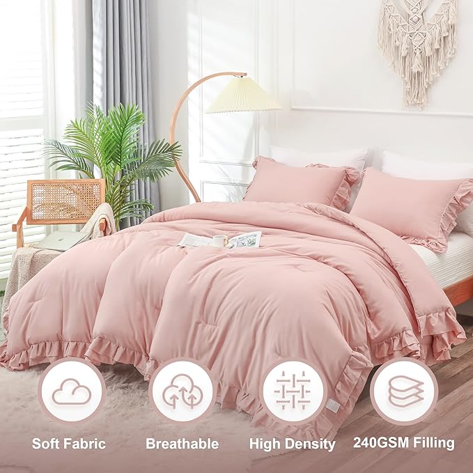 Blush Pink Double Ruffle Comforter Set Full Size (79x90 Inch), 3 Pcs Farmhouse Vintage Comforter Set (1 Ruffled Comforter and 2 Pillowcase), Rustic All Season Down Alternative Bedding Set - LeafyLoom
