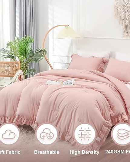 Blush Pink Double Ruffle Comforter Set Queen Size (90x90 Inch), 3 Pcs Farmhouse Vintage Comforter Set (1 Ruffled Comforter and 2 Pillowcase), Rustic All Season Down Alternative Bedding Set - LeafyLoom