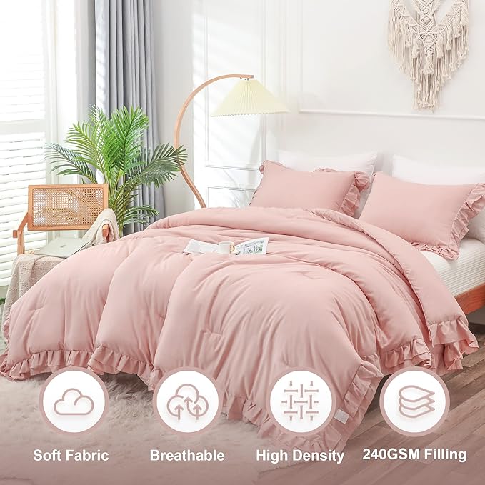 Blush Pink Double Ruffle Comforter Set Queen Size (90x90 Inch), 3 Pcs Farmhouse Vintage Comforter Set (1 Ruffled Comforter and 2 Pillowcase), Rustic All Season Down Alternative Bedding Set - LeafyLoom