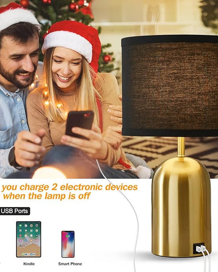 3-Way Dimmable Table Lamp Set of 2 for Living Room,Touch Control Modern Bedside Lamps with 2 USB Ports Nightstand Lamp with Black Shade and Gold Base for Bedroom Reading Room Hotel Office - LeafyLoom
