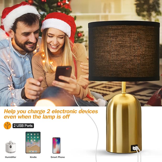 3-Way Dimmable Table Lamp Set of 2 for Living Room,Touch Control Modern Bedside Lamps with 2 USB Ports Nightstand Lamp with Black Shade and Gold Base for Bedroom Reading Room Hotel Office - LeafyLoom