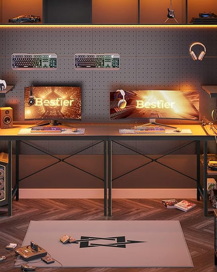 Bestier Gaming Desk with LED Lights, 44 Inch PC Gamer Desk for Small Spaces, Computer Desk with Reversible Storage Shelves & Side Storage Bag (Black Grained) - LeafyLoom
