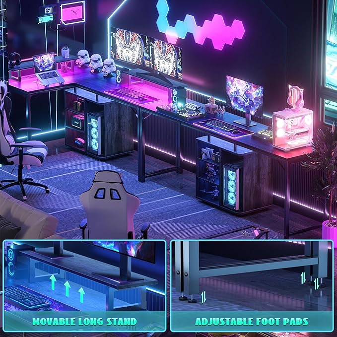 Cyclysio L Shaped Gaming Desk with Wood Cabinet, 58" Large Corner Desk with LED Lights & Power Outlet, Reversible Computer Desk with Monitor Stand, Home Office Desk 2 Person Corner Desk, Grey Oak - LeafyLoom