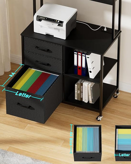 File Cabinet with Drawers and Shelves,Mobile Printer Stand with Storage,Black Filing Cabinet with Wheels for Home Office - LeafyLoom