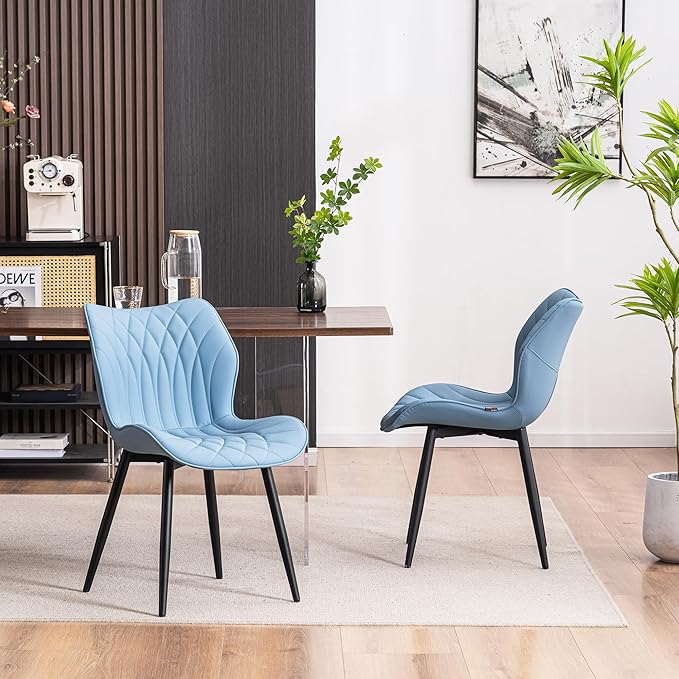 YOUNIKE Dining Chairs Set of 2 Upholstered Faux Leather Dining Room Chairs, Modern Kitchen Chairs Living Room Bedroom Side Chairs with Wide Curved Back and Adjustable Metal Legs, Blue - LeafyLoom