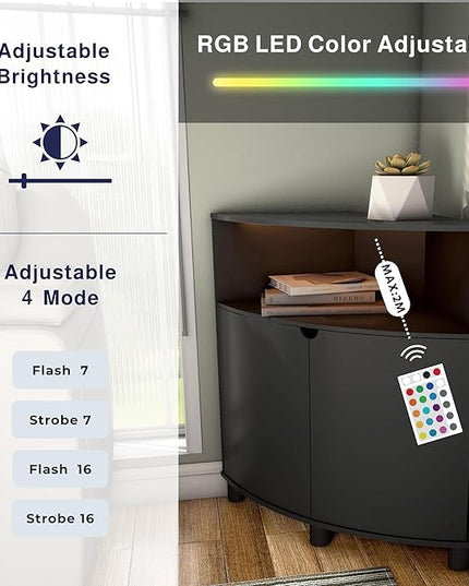 Berg Modern 31-inch 16 Colors LED Corner Cabinet with Doors and 2 Shelves, USB Charge Cord, Small TV Stand for Living Room, Home Office, Black Pure - LeafyLoom