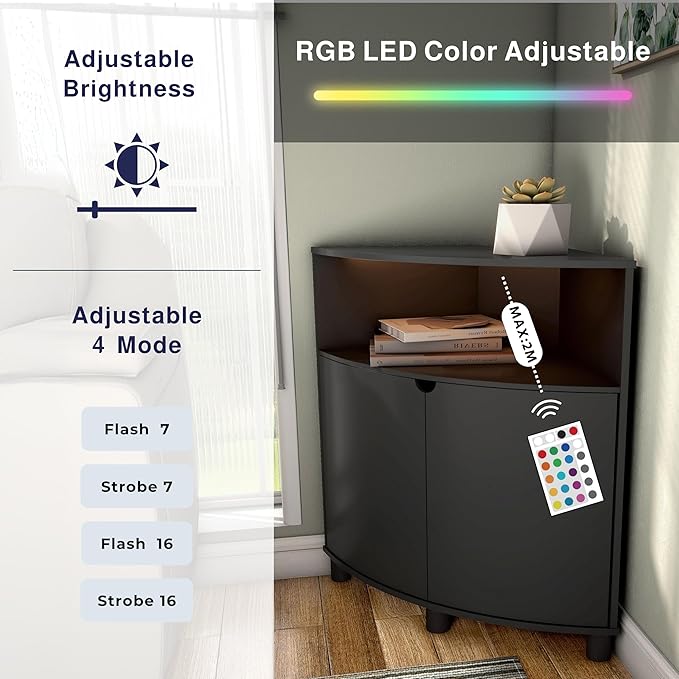 Berg Modern 31-inch 16 Colors LED Corner Cabinet with Doors and 2 Shelves, USB Charge Cord, Small TV Stand for Living Room, Home Office, Black Pure - LeafyLoom